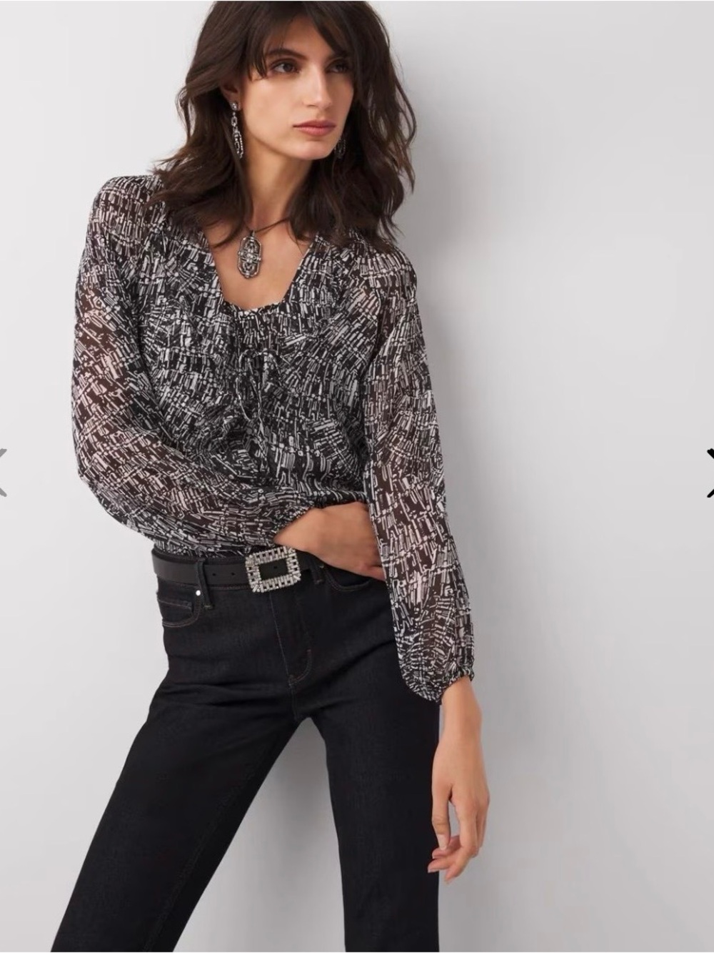 WHBM Ruffled Geometric Print Long Sleeve Womens Blouse Size XS